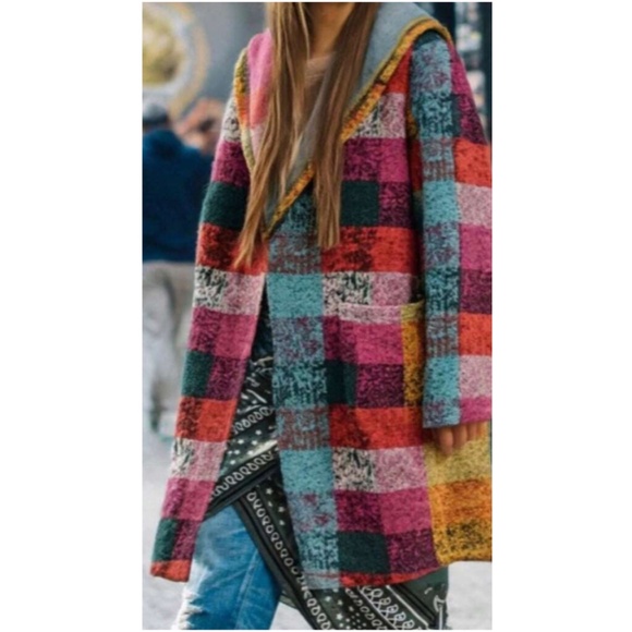 Multicolor Brushed Fabric Checkered Plaid Pockets Hoodie Jacket Coat - Picture 2 of 7